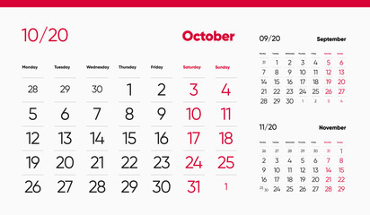 OCTOBER PAGE. 12 Months Premium 2020 Calendar Grid Set. Table, Wall, Desk, Quarter Diary Calendar 2020 Year Design. Clean, Simple Diary Planner. Vector, Editable
