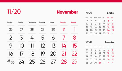 NOVEMBER PAGE. 12 Months Premium 2020 Calendar Grid Set. Table, Wall, Desk, Quarter Diary Calendar 2020 Year Design. Clean, Simple Diary Planner. Vector, Editable