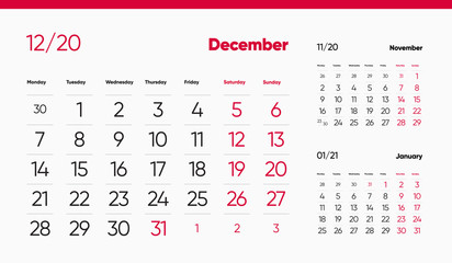 DECEMBER PAGE. 12 Months Premium 2020 Calendar Grid Set. Table, Wall, Desk, Quarter Diary Calendar 2020 Year Design. Clean, Simple Diary Planner. Vector, Editable