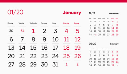 JANUARY PAGE. 12 Months Premium 2020 Calendar Grid Set. Table, Wall, Desk, Quarter Diary Calendar 2020 Year Design. Clean, Simple Diary Planner. Vector, Editable