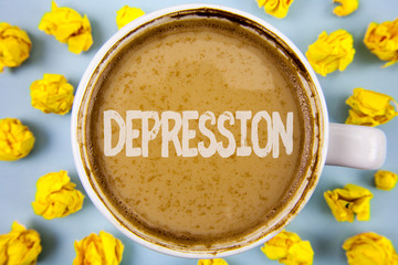 Conceptual hand writing showing Depression. Business photo text Work stress with sleepless nights having anxiety disorder written Coffee in Cup within Paper Balls plain background.