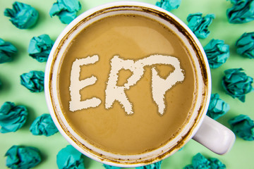 Word writing text Erp. Business concept for Enterprise resource planning with automate back office functions written Tea in White Cup within Crumpled Paper Balls plain background.