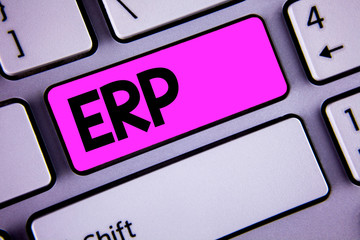 Conceptual hand writing showing Erp. Business photo showcasing Enterprise resource planning with automate back office functions written Key Button Keyboard with copy space. Top view.