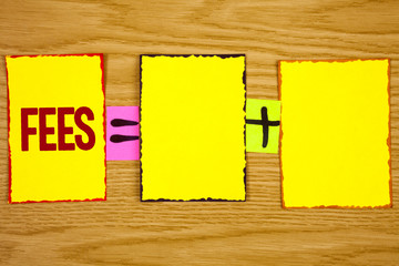 Handwriting text writing Fees. Concept meaning Online creative agency charges product components hourly costs written Sticky Note Paper wooden background. Equation with Plus sign.
