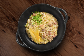 Traditional Italian pasta on black rustic pan