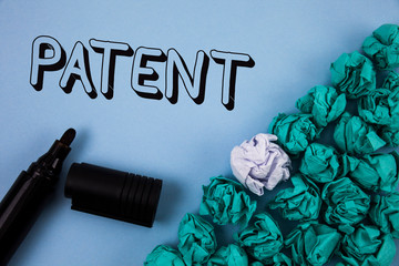 Handwriting text Patent. Concept meaning License that gives rights for using selling making a...
