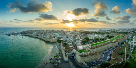 Aerial view of Acco old city with crusader harbor, Al Jazzar mosque, arab covered market,  Ottoman...