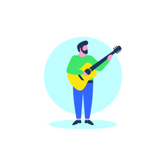 Bearded Man Playing Guitar Flat Illustration Design Vector