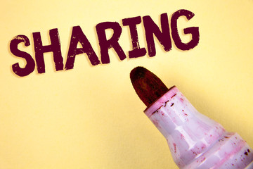 Text sign showing Sharing. Conceptual photo To Share Give a portion of something to another Possess...