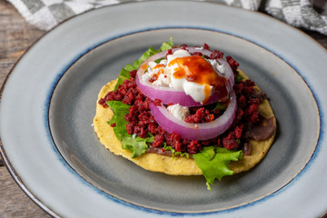 Mexican tortilla toast with chorizo also called 