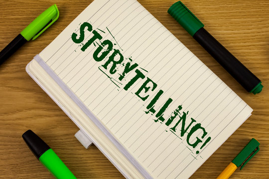 Text sign showing Storytelling Motivational Call. Conceptual photo Tell short Stories Personal Experiences written Notebook Book the wooden background Pen and Markers next to it.