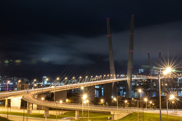 Golden Bridge in Russian city Vladivostok at night on longexposure 