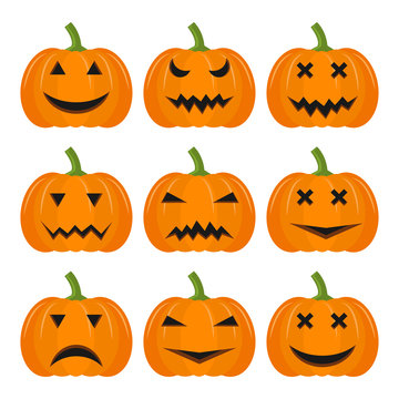 Vector illustration set of pumpkins for halloween. Scary faces of pumpkins