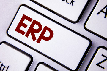 Word writing text Erp. Business concept for Enterprise resource planning with automate back office functions written White Keyboard Key with copy space. Top view.