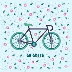 Fototapeta premium Go green, bicycle on a floral background. Environmental conservation concept.