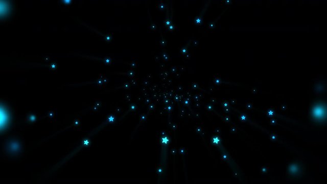Geometric blue glitter neon shining star emission kaleidoscope effect black background, flying spot looping pentagram launch spread from central point, Broadcast News intro, opening title, screensaver
