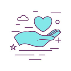 Hand holding a heart. Charity concept. Line art.