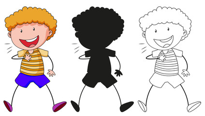 A set of characters in color, silhouette and outline