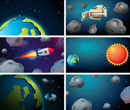 Set of rockets, asteroids and earth scenes