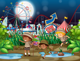 Scene background design with children at funfair at night