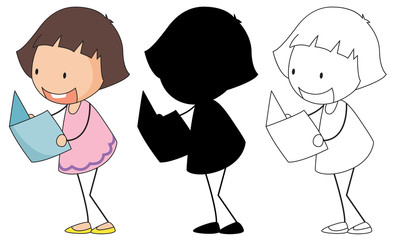 A set of characters in color, silhouette and outline