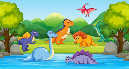 Dinosaurs in wood scene with river © GraphicsRF