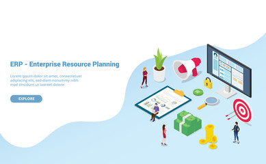erp enterprise resource planning concept with team people and asset company with modern isometric style for website template or landing homepage - vector