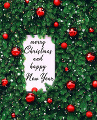 Merry Christmas and happy New Year holiday background. winter holiday greeting backdrop. festive decoration for new year and Christmas with Red balls, Christmas tree branches. soft focus