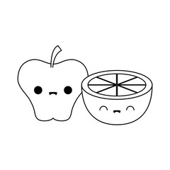 apple with slice of orange fruit kawaii style