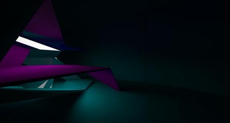 Abstract green minimalistic architectural smooth interior with neon lighting. 3D illustration and rendering.