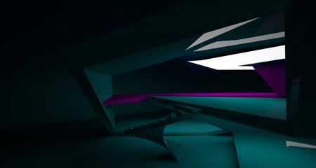 Abstract green minimalistic architectural smooth interior with neon lighting. 3D illustration and rendering.