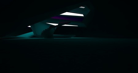 Abstract green minimalistic architectural smooth interior with neon lighting. 3D illustration and rendering.