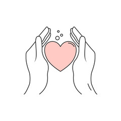 Hands holding a heart. Charity concept. Line art on white background.