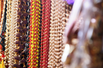 Rudraksha beads are hanging on the market
