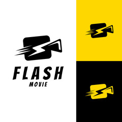 Video Camera + Thunder Logo design for movie \cinema production, flat style, simple film icon, modern design