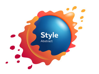 Blue ball in orange splashes and drops. Gradient colors, abstract flowing liquid, round shape, text sample. Vector illustration for poster, label, logo, cover design