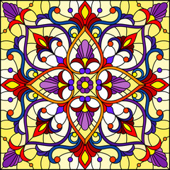 Illustration dans le style de vitrail, image miroir carrée avec ornements floraux et tourbillons, motifs rouges et violets sur fond jaune