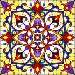 Tuinposter Illustratie in gebrandschilderd glasstijl, vierkant spiegelbeeld met bloemenornamenten en wervelingen, rode en paarse patronen op gele achtergrond © Zagory