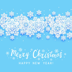 Christmas paper snowflakes border on blue background for Your winter holiday design
