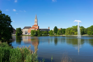 Panoramic view of the city hall against the lake, Kiel