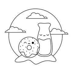 delicious donut with bottle beverage kawaii style