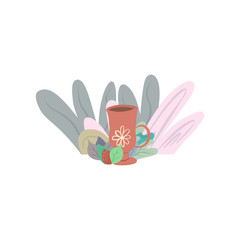 Flat illustration of a warm herbal drink with foliage, strawberry and leaves. Hot tea in a cup with a mystical pattern. Vector picture for postcards, recipes and your creativity