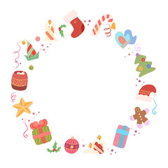 Circle festive frame with ornament, hollie, gift, sweet, Santa hat, serpentine, mittens and confetti. Round christmas template for card, invitation, poster and your creativity.