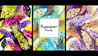 Tropical color leaves pattern, hand drawn watercolor vector illustration. Tropical plants print. Summer design. Creative background. Summer sale banner or text area for another information