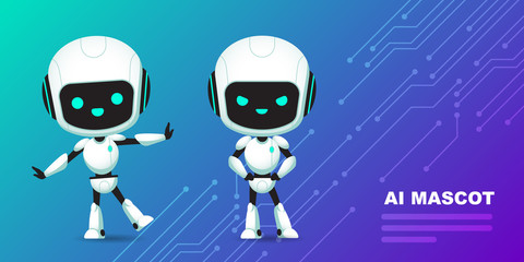 Set of cute robot ai character with circuits background