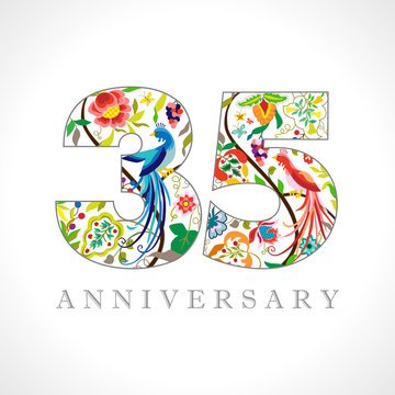 35 years old logotype. 35 th anniversary numbers. Decorative symbol. Age congrats with peacock birds. Isolated abstract graphic design template. Royal coloured digits. Up to 35% percent off discount.
