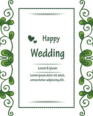 Happy wedding lettering, decoration of greeting card, invitation card, with branches of leaves, elegant flower frame. Vector