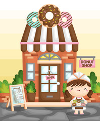 A Vector of Cute Little Girl Selling Donut in Front of a Classic Donut Shop
