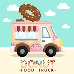 A Vector and Composition of Cute Pink Food Truck Selling Donut