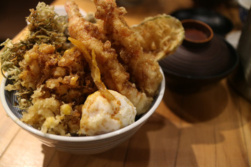 Large traditional Japanese Tendon dish in high-class Japanese restaurant